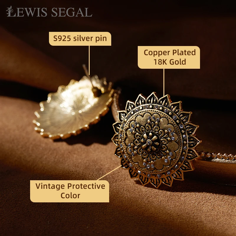 LEWIS SEGAL Vintage Earrings for Women Medieval Style Jewelry Antique Round Matt 18K Gold Plated