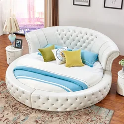 New top layer cowhide round bed double bed soft bed bedroom European style leather bed printed genuine leather princess bed