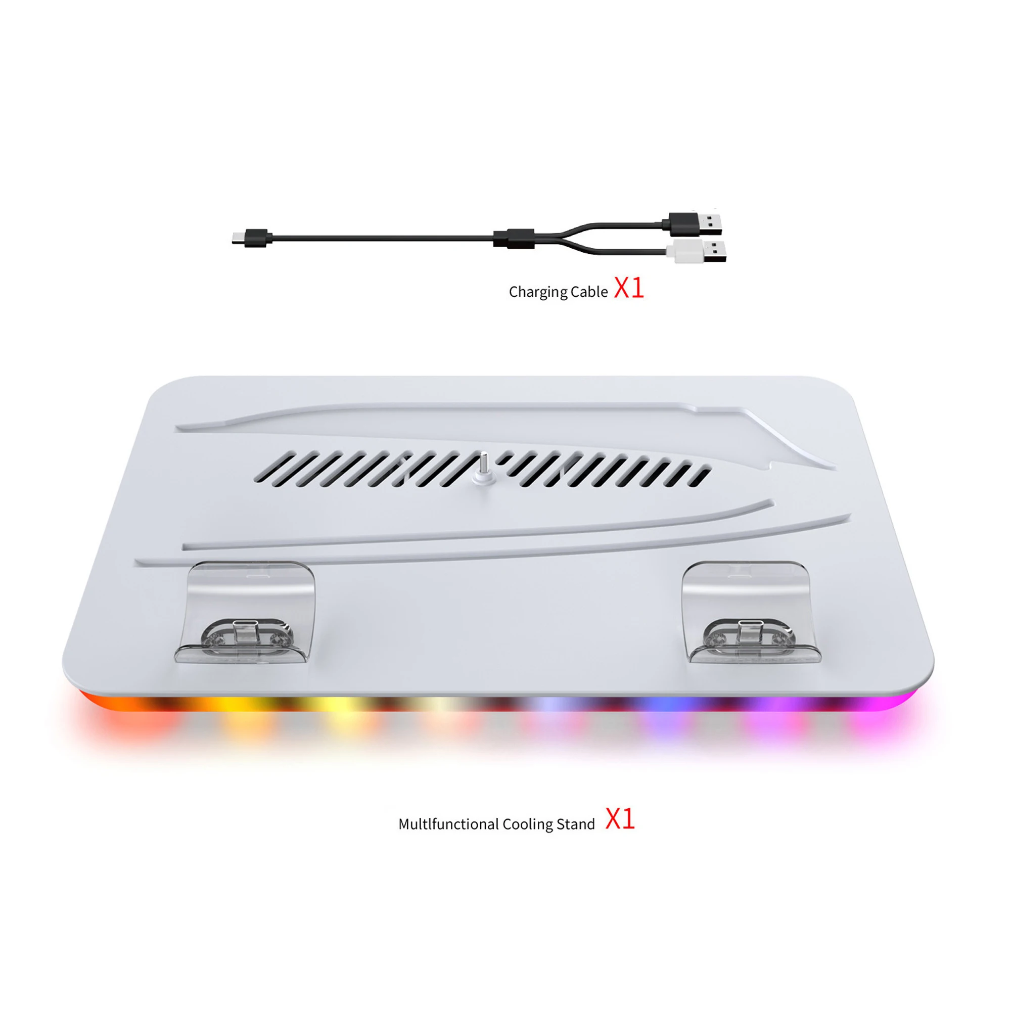 Multifunctionele RGB-koelstandaard voor PS5/Slim/Pro Disc & Digital Edition dubbele oplader |   RGB LED-lamp met 3 snelheden en ventilator-headsethaak