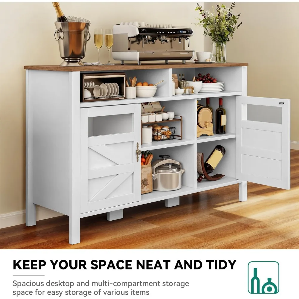 خزانة بوفيه للمزرعة مقاس 55 بوصة مع مساحة تخزين، وخزانة جانبية كبيرة مع بابين وتخزين مفتوح، وطاولة بار قهوة متعددة الاستخدامات #6