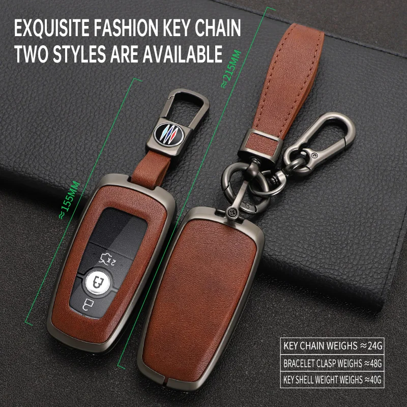 Zinc Alloy Leather Car Key Case Cover For Ford Bronco Edge Fusion Mustang Explorer F150 F250 F350 Ecosport Keychain Accessoeries