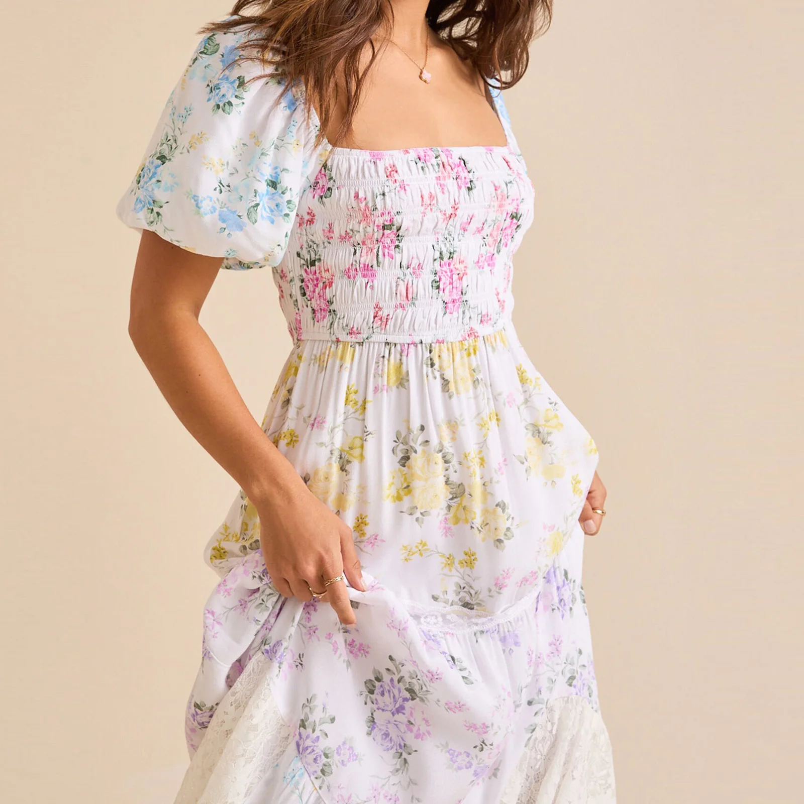 Summer Women Elegant A-Line Dress Casual Ruffled Hem Floral Print Short Sleeve Party Dress for Cocktail Party Clothes