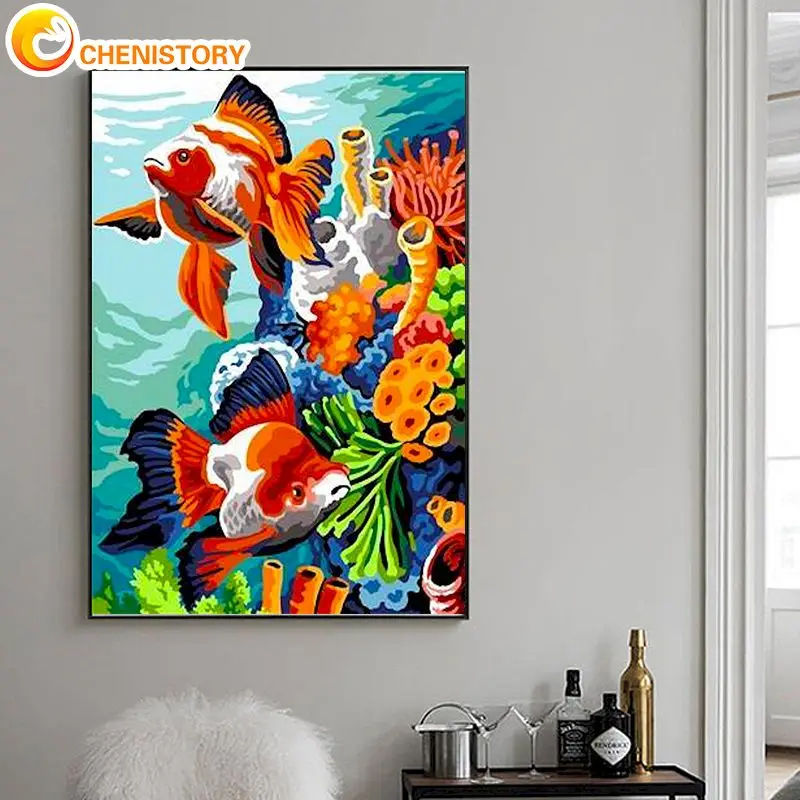 CHENISTORY Painting By Number Fish Drawing On Canvas Handpainted Diy Pictures By Number Undersea Scenery Kits Home Decor