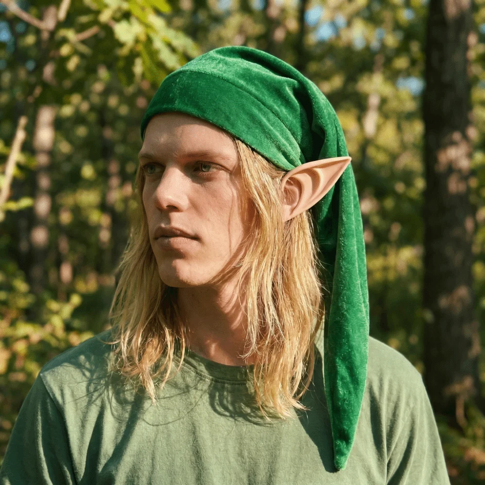 Funny Long Pointed Halloween Elf Accessory Set Velvet Green Elf Hat Realistic Latex Soft Gnome Hats Christmas Festive