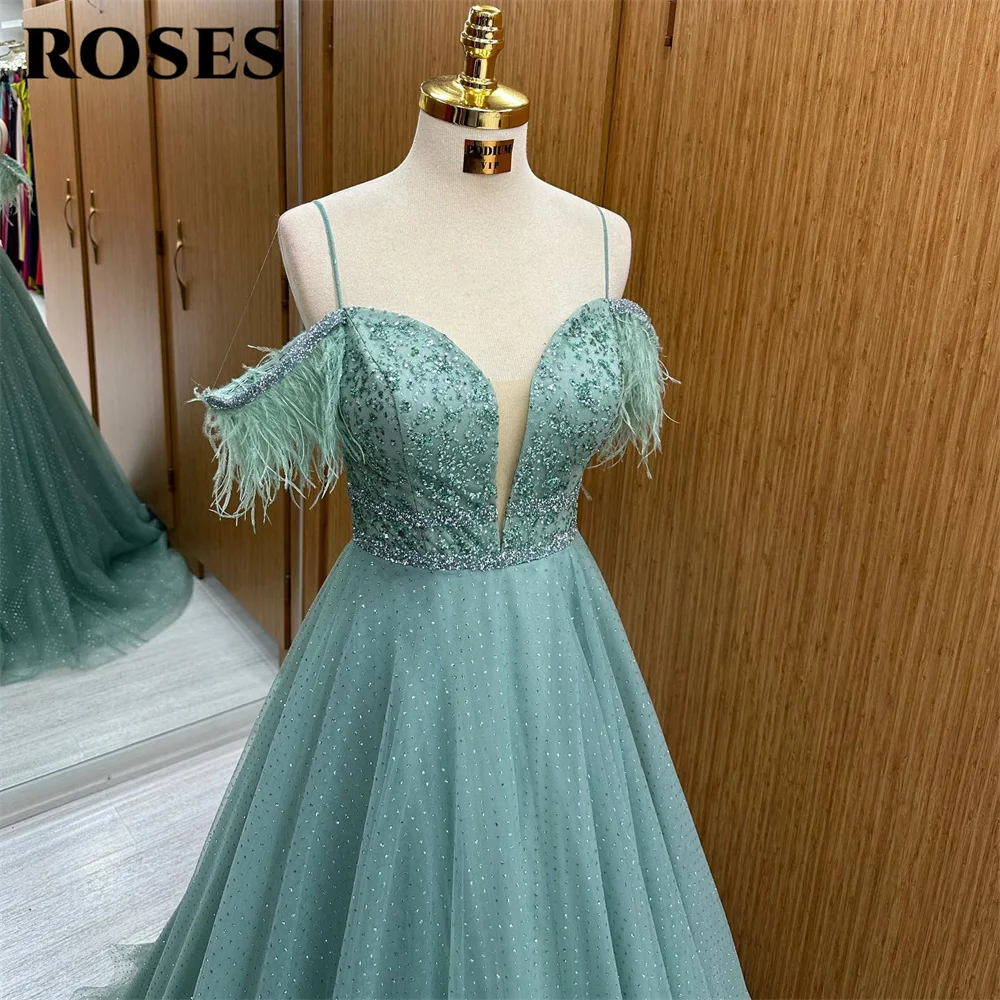 Vestido de noche verde salvia brillante con hombros descubiertos y tirantes finos, vestido de fiesta con cuentas de miedo, encaje brillante, Rosa