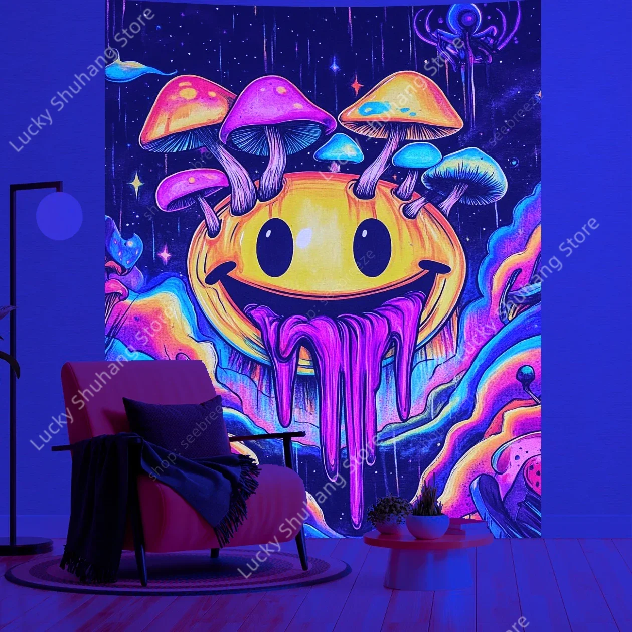 Psychedelic Smiling Face Mushroom Hood UV Tapestry Vibrant Rainbow Clouds Skeleton Mushrooms Bohemian Wall Hanging Decor Home