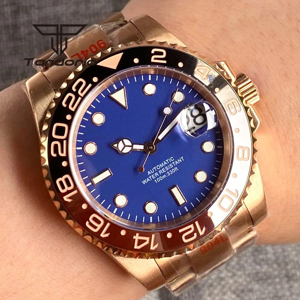 

Rose Gold Plated 24 Jewels NH35A 40mm Automatic Watch for Men Blue Dial Rotating Bezel Ceramic Insert Sapphire Glass Bracelet