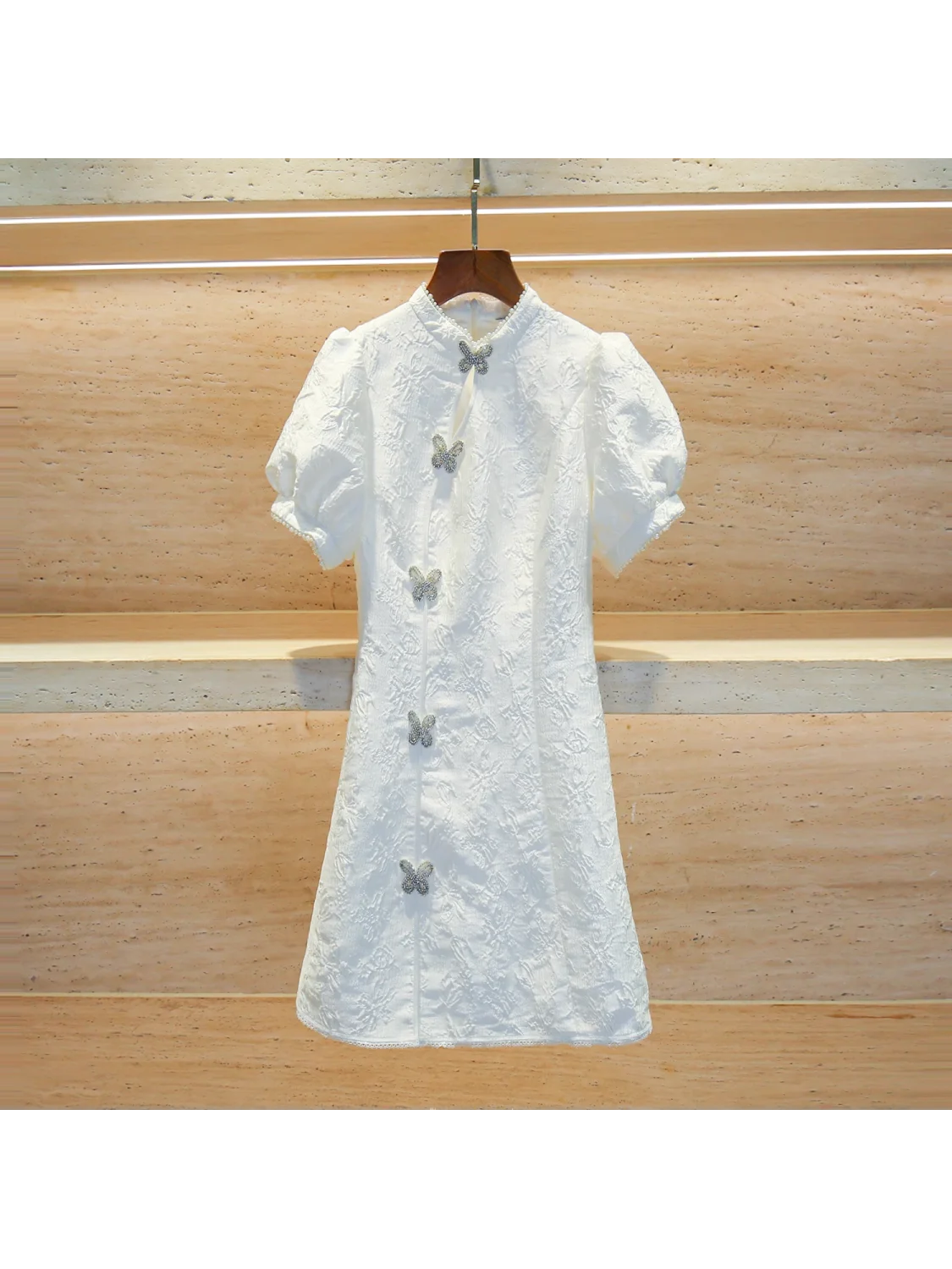 

New Chinese Sle High Waist Bubble Sve ort Dr with Embroidery And Diamond Knot by Nan You for Summer