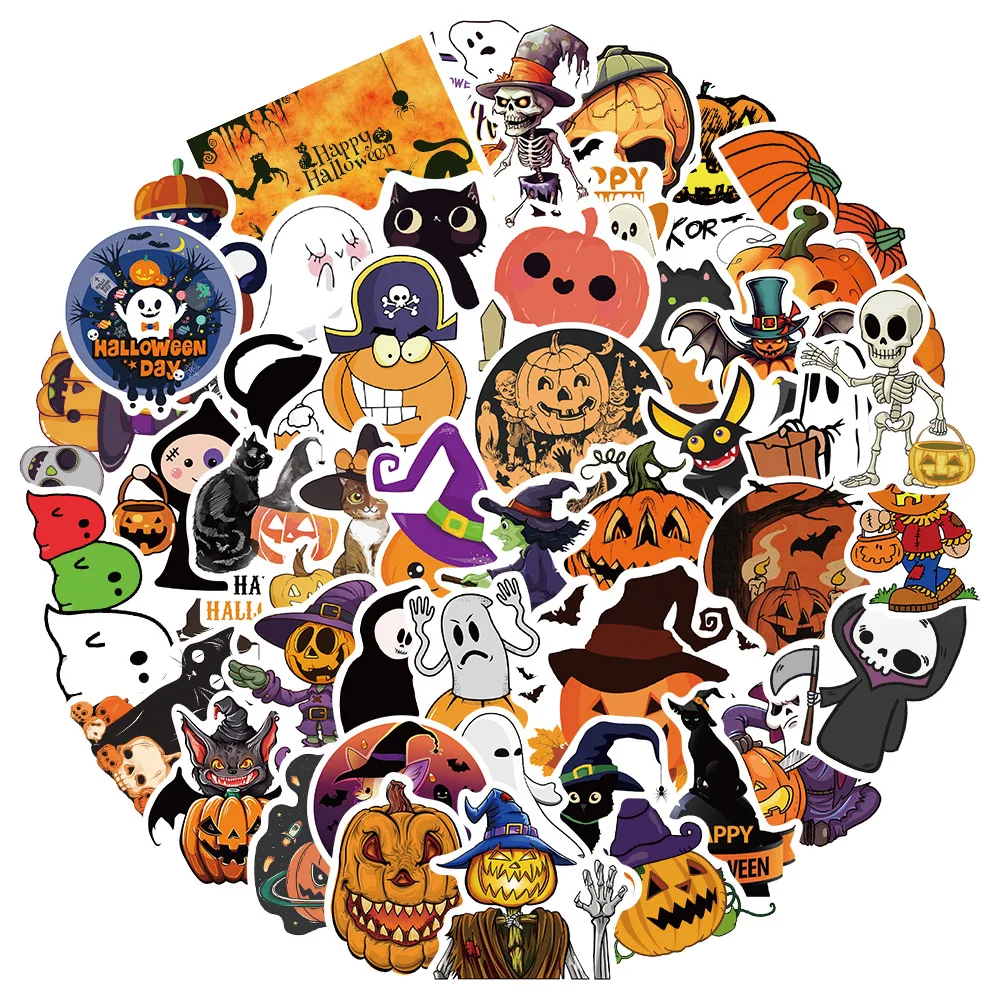 50 Stück Halloween-Aufkleber, Retro-Horror-Skelett-Aufkleber, niedlicher Geister-Fledermaus-Kürbis-Schädel für Partygeschenke, wasserfeste Vinyl-Aufkleber