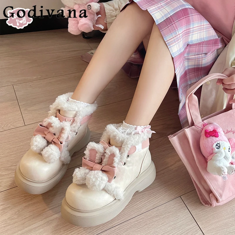 

Winter New Japanese Original Lolita Sweet Cool Girl Short Boots Fleece Lined Warm Round Toe Thick Sole Snow Boots for Women