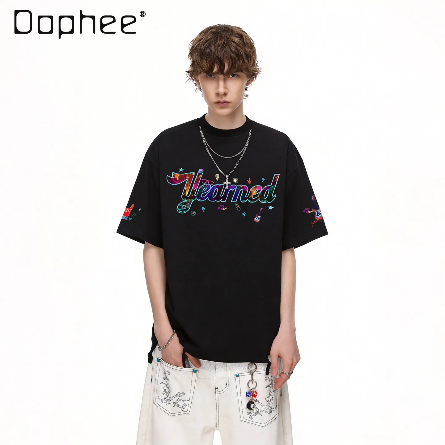 

Summer New American Street Rock Punk Style Men's Black White T-Shirt Colorful Letter Print Round Neck Short Sleeve Tee