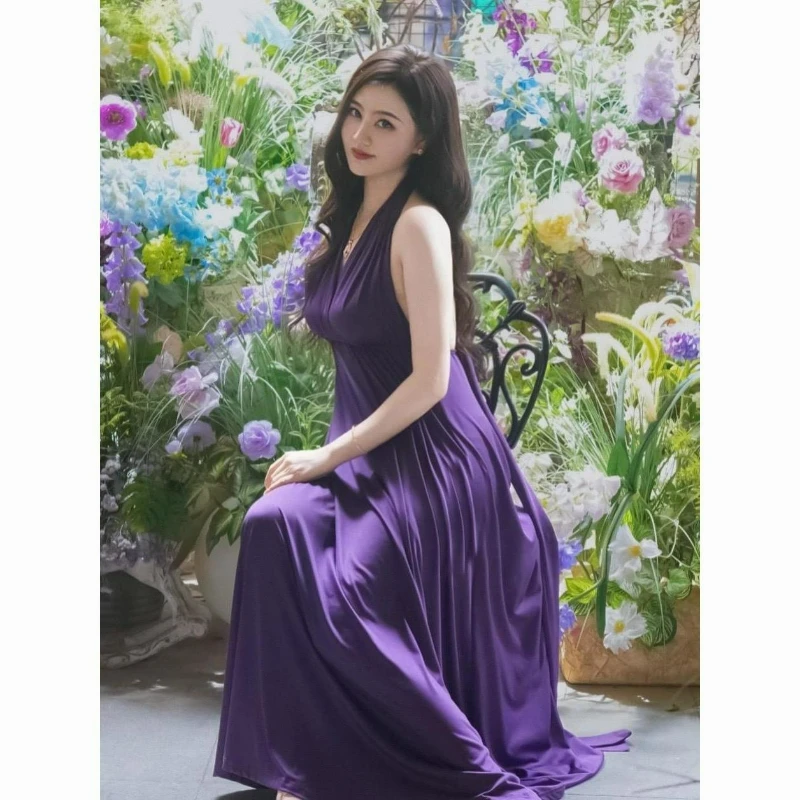 高級誕生日パーティー エレガントロングドレス 2026年新作 夏ファッションドレス ストラップ付き バックレス パープル ホルターネックドレス レディース