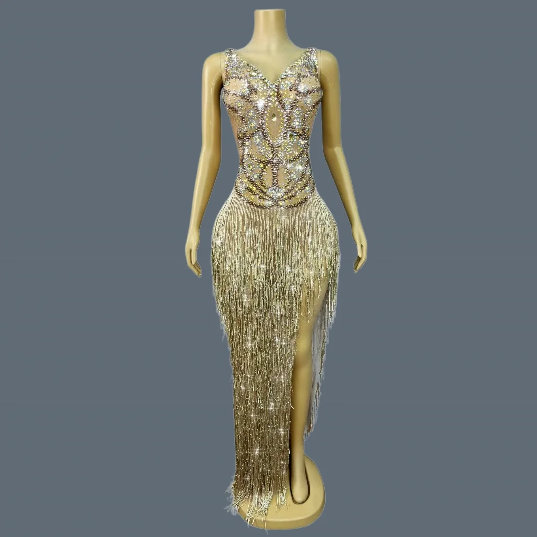 

Gorgeous Crystal Fringed Evening Gown Sleeveless Sheer Mesh Formal Dress Party Prom Sparkly Rhinestone Nightclub Outfit Shengjie