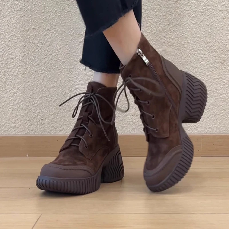 

Designer Women's Ankle Boots High Heels Fashion Lace Up Sport Shoes Chunky Winter Boots 2025 New Designer Short Plush De Femme