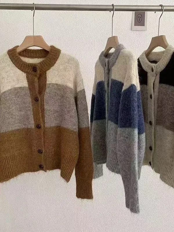 

Korean Sle round Ne Knitted Open Cardigan Women's Autumn Winter New Soft Cozy Striped Color Blo Casual Sweater Jaet