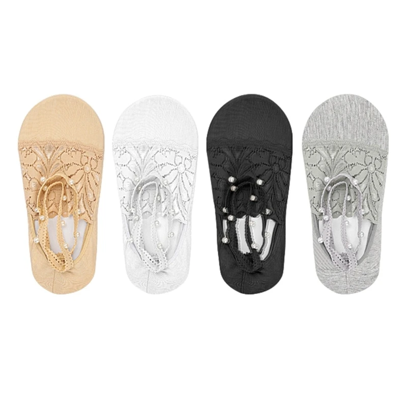 P88B Womens Nonslip Socks Lace Trim Decors Breathable Fabric For Various Activity