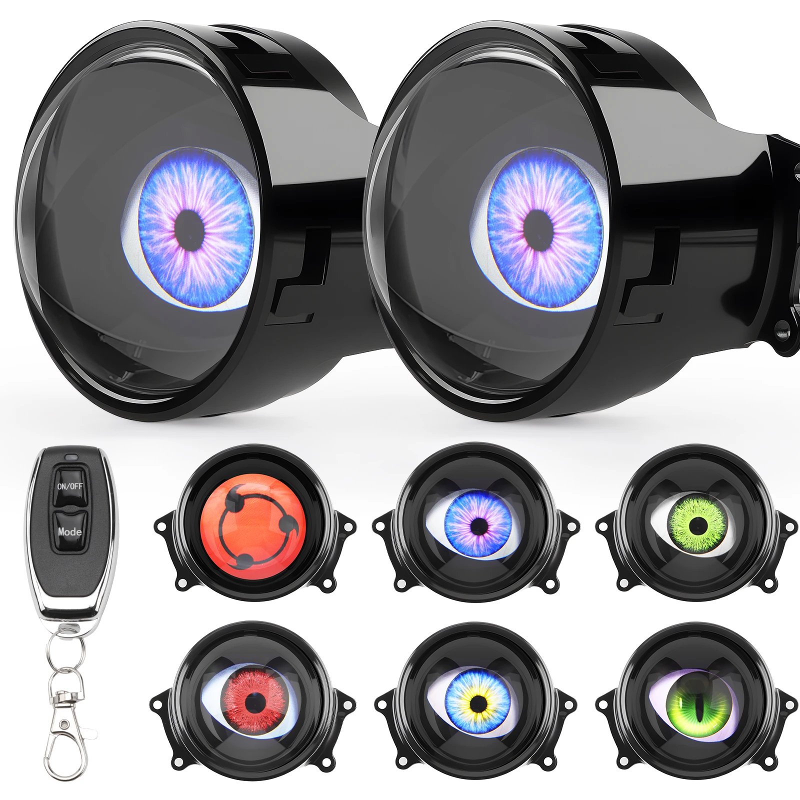 LED Car Dynamic Devil Eye Large Light 3-inch 33 Mode Car Light Remote Modification Eagle Eye 3D Lens Dynamic Pupils Headlight