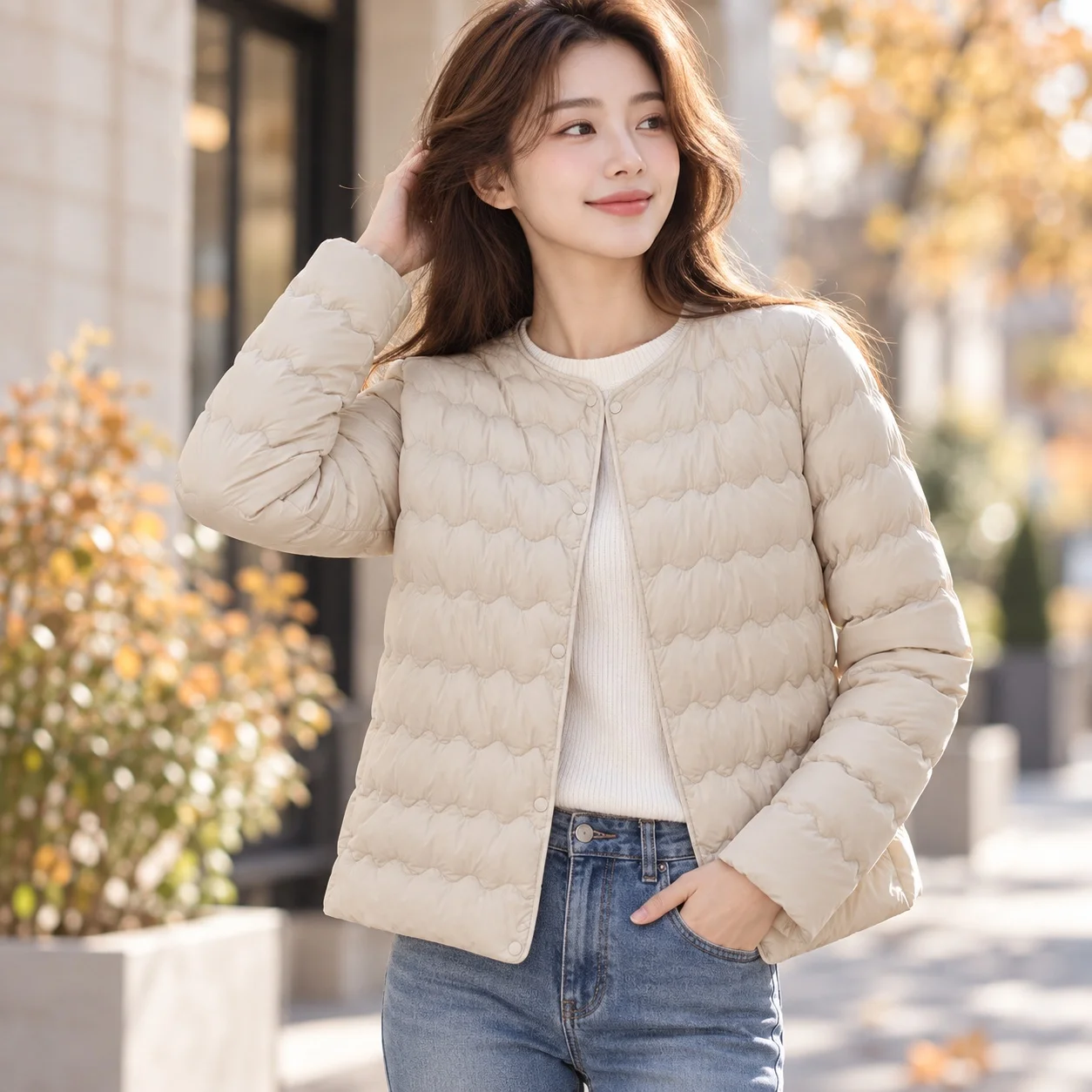 Round Neck Pocket Coat Slim Fit Korean Style Women Winter Coat with Breathable Regular Sleeve No Hood Daily Short Length