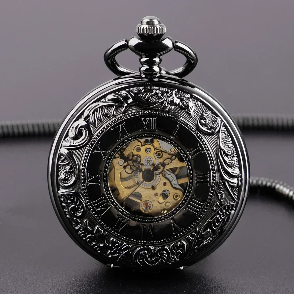 Roman Numerals Manual Mechanical Pocket Watch Retro Chain Clock Gift for Male Antique Hand Winding Steampunk Pocket Clock