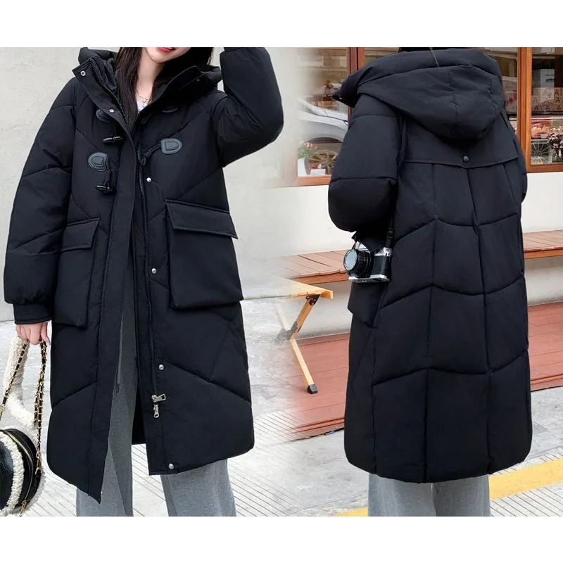 

Cotton-padded Jacket A Female Student with A Long and Large Size Down Cotton Coat with Horn Buckle.