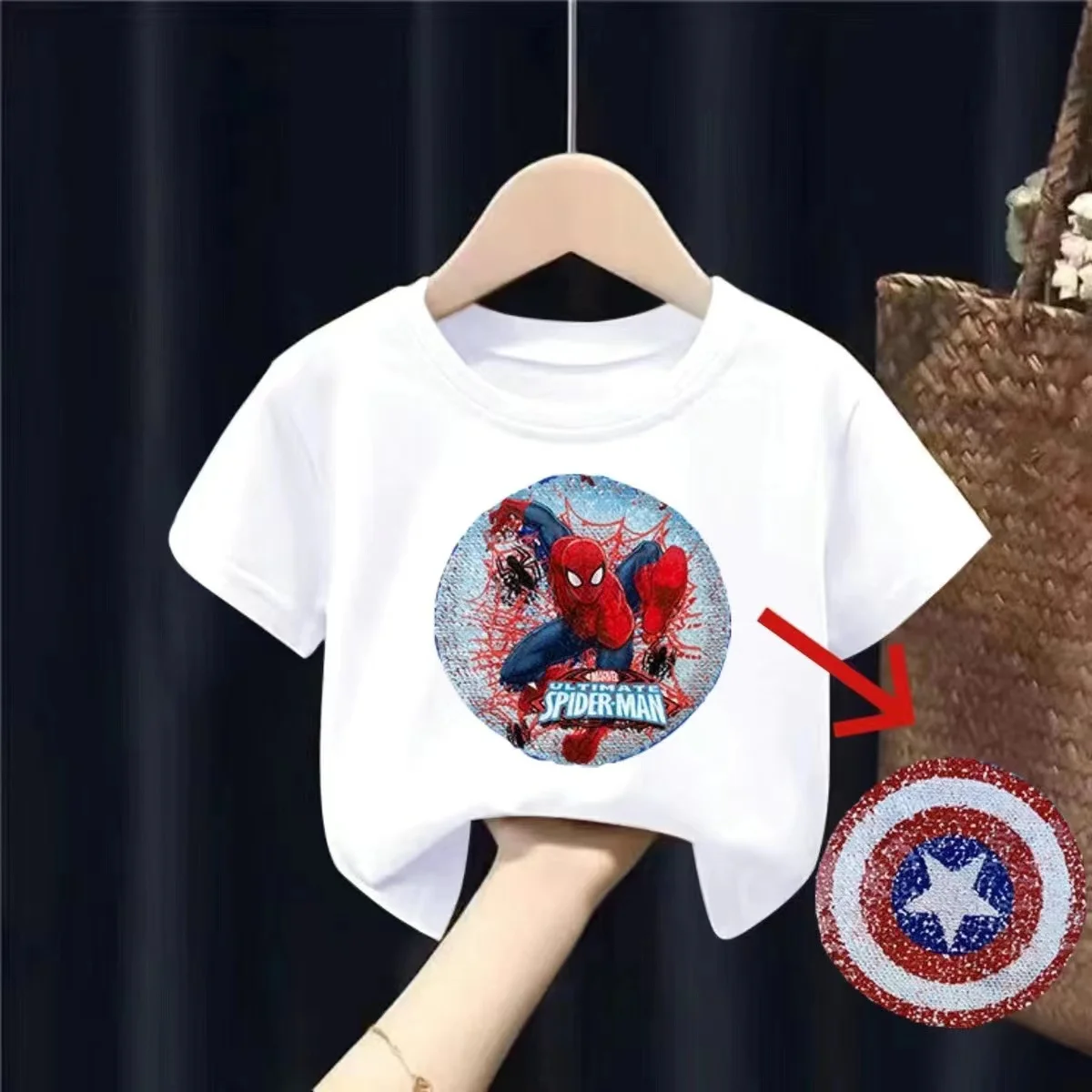 Summer Baby Boy Short Sleeve T-Shirt Cartoon Spiderman Captain America Sequin Reversible Print Children Top Tee Cotton Clothes