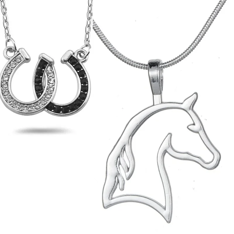 Fashion Women Mens Crystal Horseshoe Pendant Horse Outline Necklace Equestrian Cowgirl Mustang Horse Lovers Jewelry Gifts