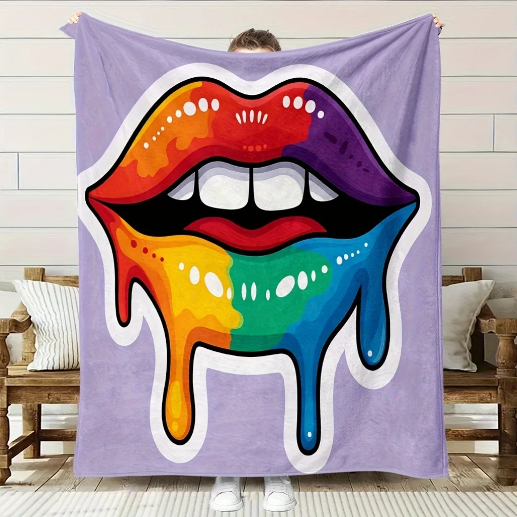 Rainbow Lips Pattern Fleece Blanket | Soft High-Definition Digital Print, Cooling, All-Season, Polyester, Perfect Gift for