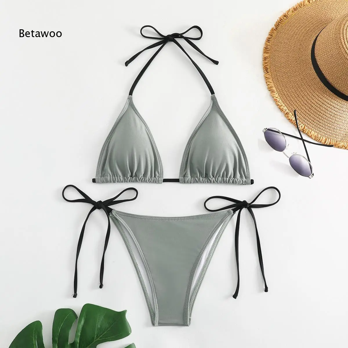 2026 Women's Contrast String Triangle Set, Halter Neck & Side Tie Bottom Swimwer