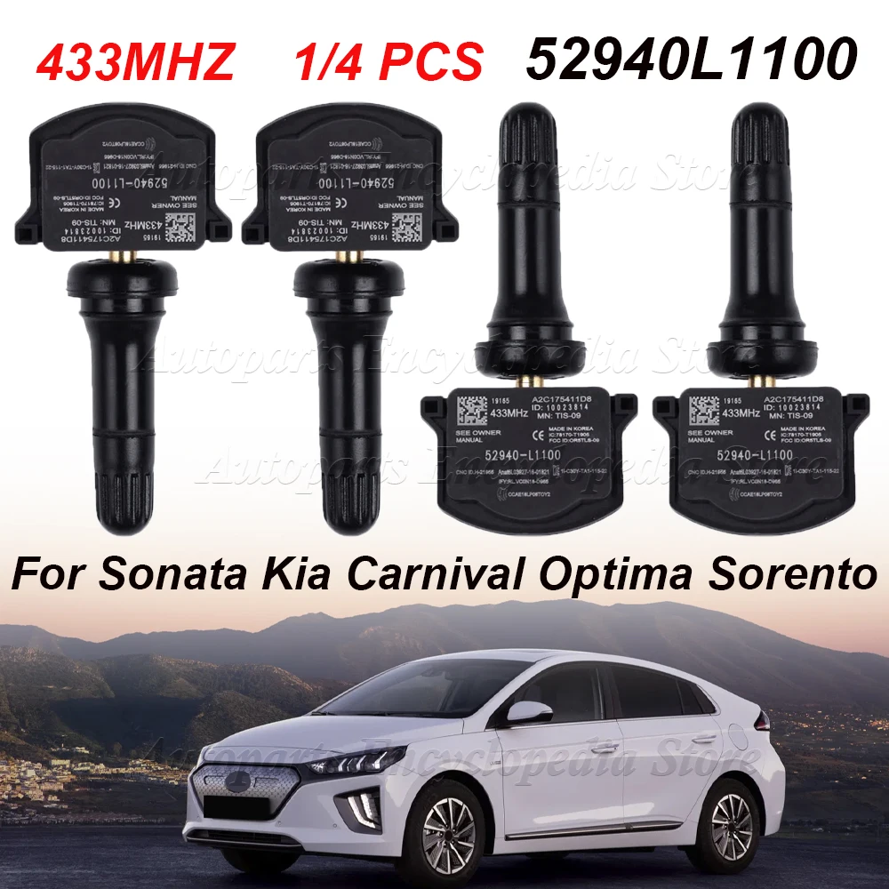 52940-L1100 para Hyundai Elantra Ioniq 5 Sonata Kia Carnival Optima Sorento 433MHZ 52940L1100 1/4 Uds TPMS sensores de presión de neumáticos