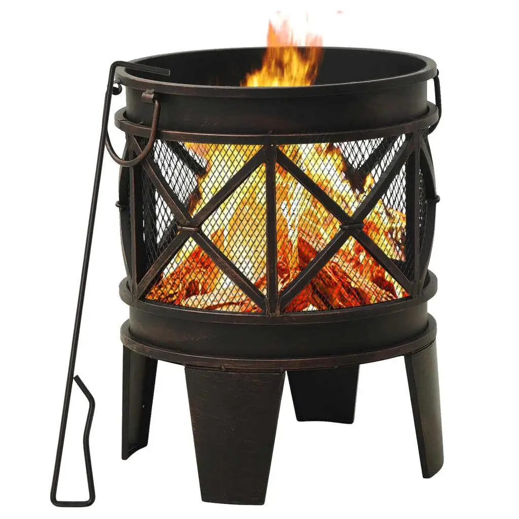 Rustic Steel Fire Pit with Poker - Durable Outdoor Heating 16.5 in x 21.3 in Perfect for Backyard Gatherings