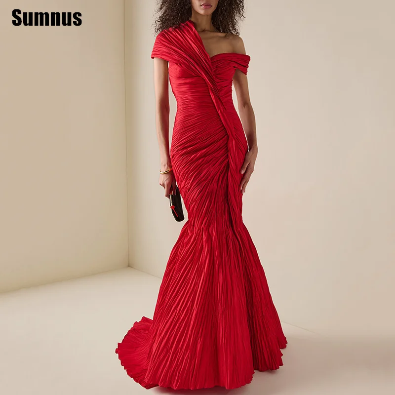 

Sumnus Elegant Red Mermaid Evening Dress Off Shoulder Pleats Floor Length Prom Dresses Sleeveless Formal Dresses Gala Customized