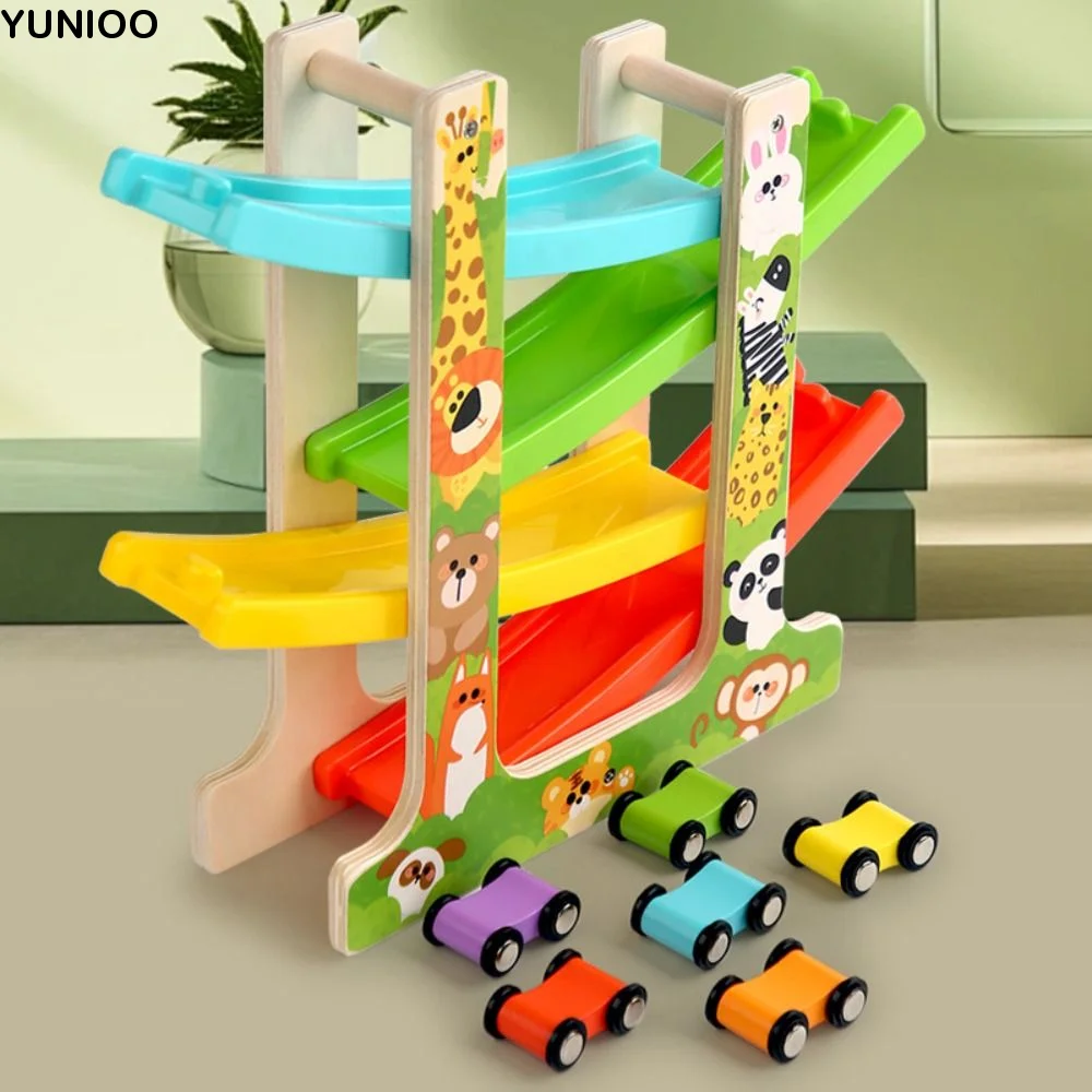 Brinquedos de Carro de Inércia de Quatro Camadas com Tema de Trânsito, Brinquedos Educativos de Madeira para Coordenação Motora, Desenhos Animados Fofos