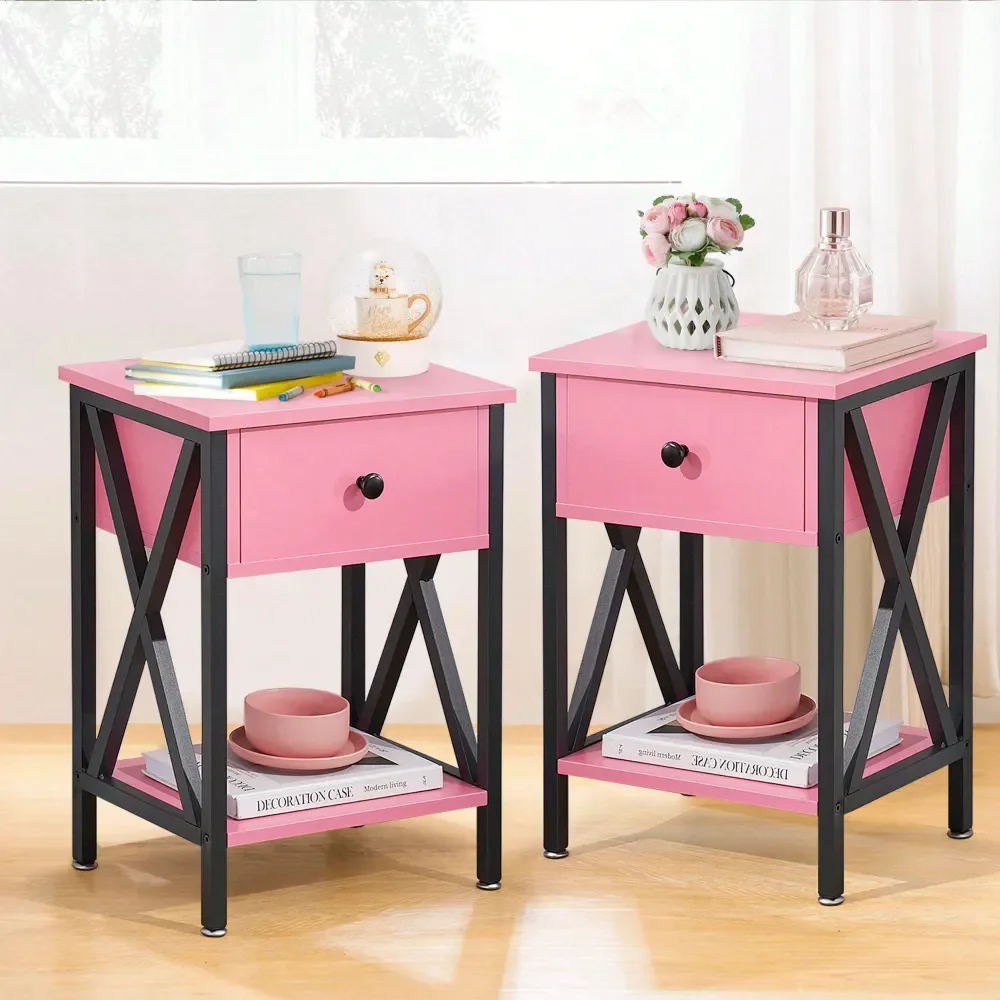 

Set Of 2 Nightstand With Drawer Bedside Table With Storage Shelf, Compact End Table For Bedroom, MDF Wood Nightstand,Pink