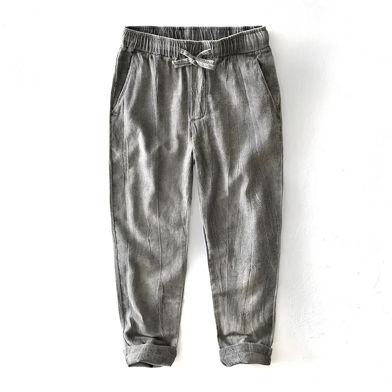 

Летние мужские брюки, японские ретро плиссированные хлопковые льняные брюки с эластичной резинкой на талии, девятиточечные брюки, пляжные дышащие мужские брюки