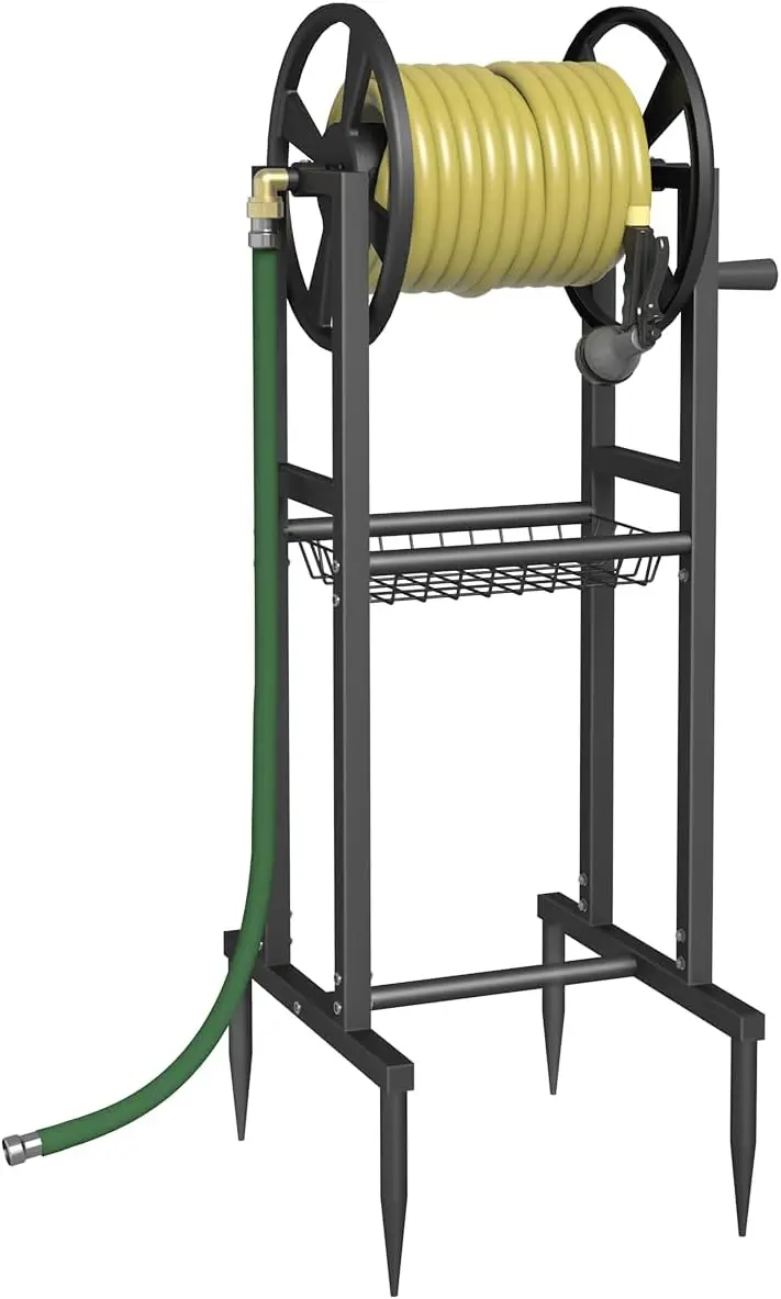 

Ground Mount Garden Hose Reel Holds 125ft 5/8-Inch Hose, Brass Fitting, 4 Spikes Base, Black
