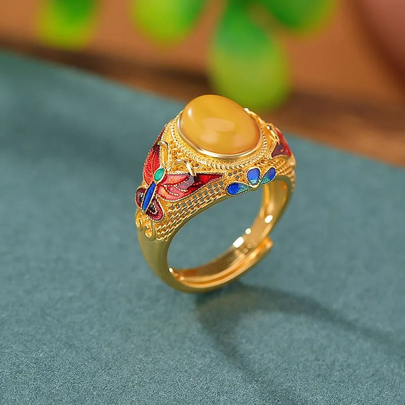 S925 Sterling Silver Gold-Plated Amber Style Enamel Cabochon Elegant Ring