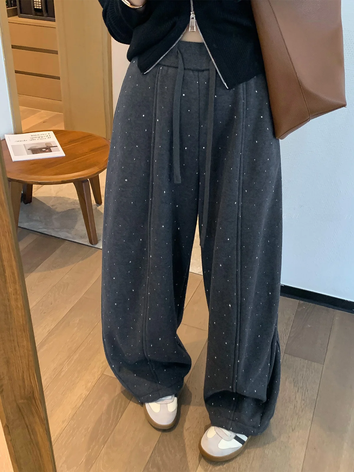

Love Devil Fi Design iny Sequin Fce Women's Loose Wide Leg Floor-Length Casual Pants Korean Sle High Waist Cotton Blend