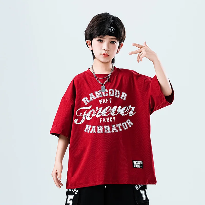 여자 힙합 세트 빨간 티셔츠 스트리트 댄스 블랙 느슨한 바지 소년 streetwear 어린이 볼룸 옷 어린이 재즈 의상
