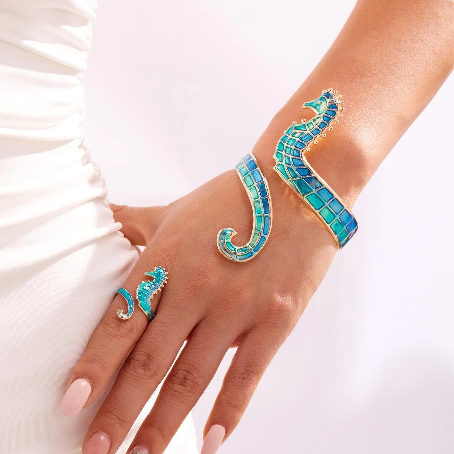 

Fashionable Sea Open Ring Set Alloy Vintage Exaggerated Style Universal Size Bracelet And Ring Jewelry Accessory
