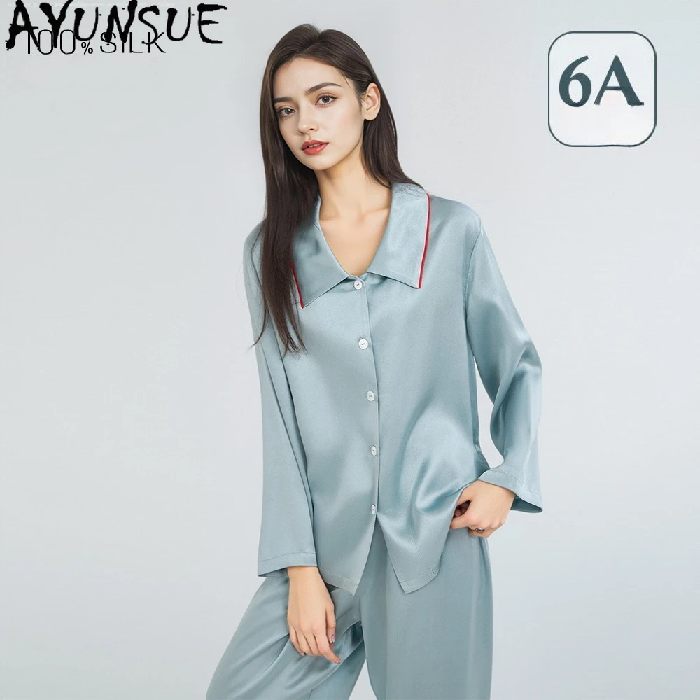 AYUNSUE 16Mm 100% Mulberry Silk Sleepwear Women Spring Summer Clothes Pajama Set Long Sleeve Shirt Casual Pants Womens Outfits