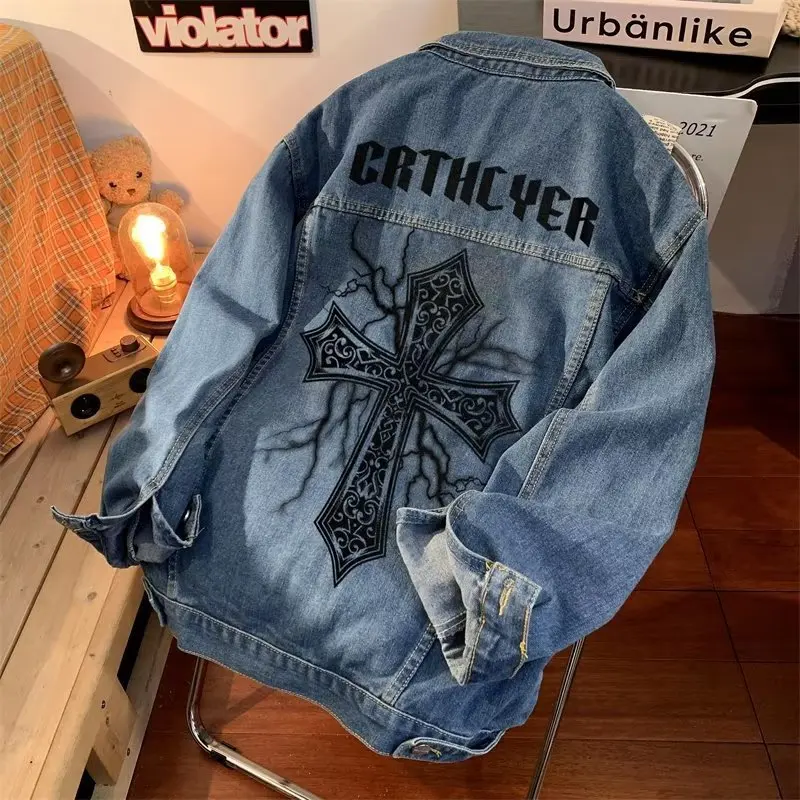 Y2k retro high street cross jacket trendy washed collar vintage denim jacket