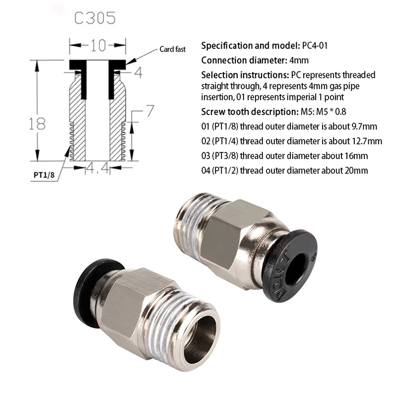 2pcs PC4 M10 Pneumatic Connectors 3D Printer Easy to Install & Removed Kits Replacement Quick Fitting Connector 3D Printer Parts