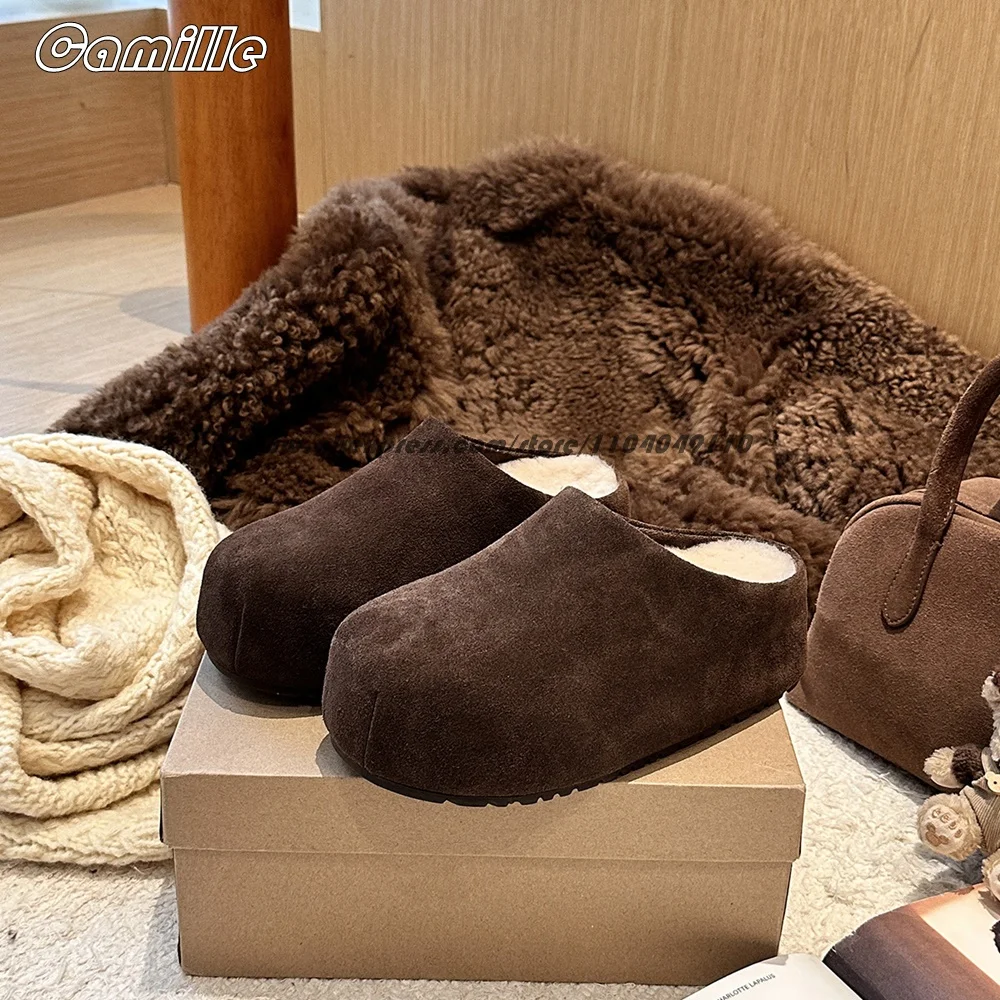 Suede Short Plush Thick-Sole Slip On Snow Slippers Round Toe Keep Warm Winter New Casual Slides All-Match Lady Grace Slippers