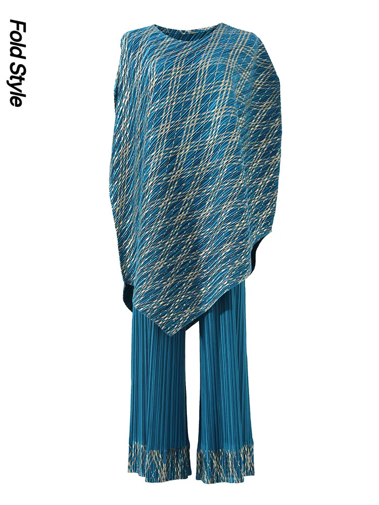 

Miyake Fashion Pleated 2 Pieces Set Irregular Loose Round Collar Top + Wide Leg Trousers New 2025 Elegant Lady Clothing