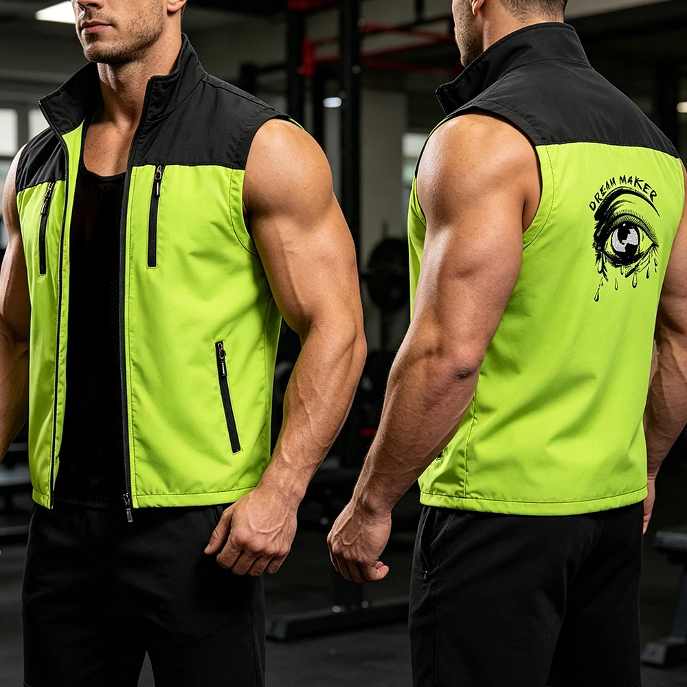 

Men's Black Sleeveless Tactical Vest Jacket Outdoor Casual Utility Streetwear Multi-Zipper Pocket Waistcoat Crying Eye Print