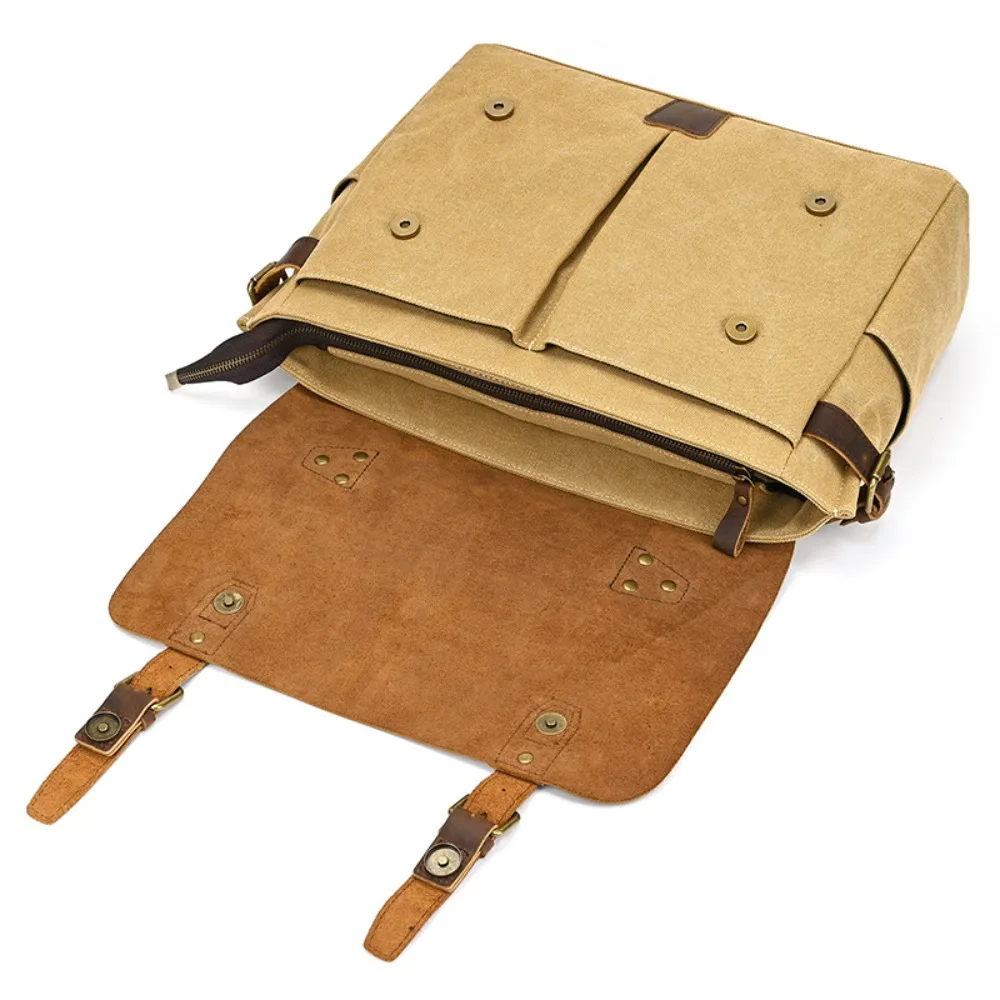 Men's Retro Canvas with Leather Handbag Leather Briefcase Versatile Simple Going Computer High Fashion Crossbody Shoulder Bag