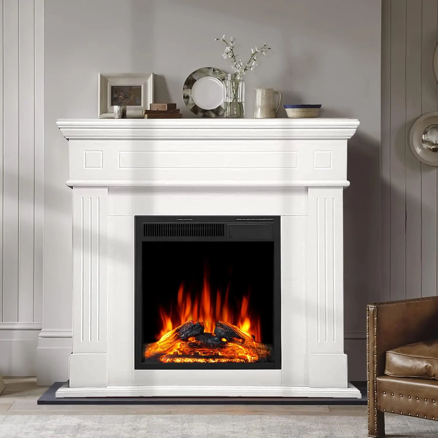 

Living Room Decor: Wooden Electric Fireplace Mantel, Pearl White, Remote Control, Adjustable LED Flame, 750W/1500W