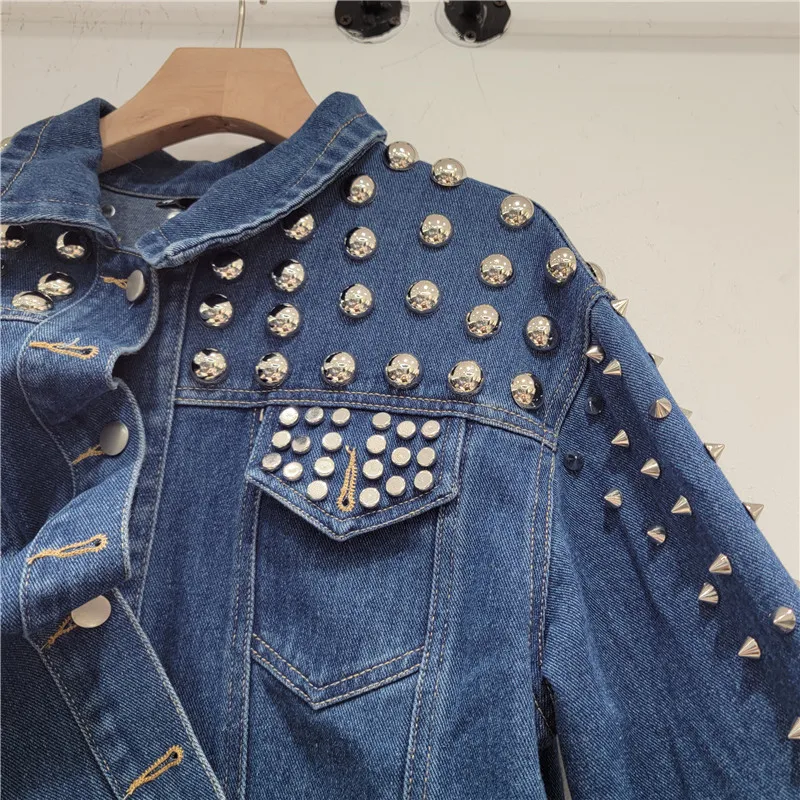 Punk Heavy Industry Rivets Denim Coat for Women 2024 Spring and Autumn New Loose Lapel Long Sleeves Jeans Jacket Female