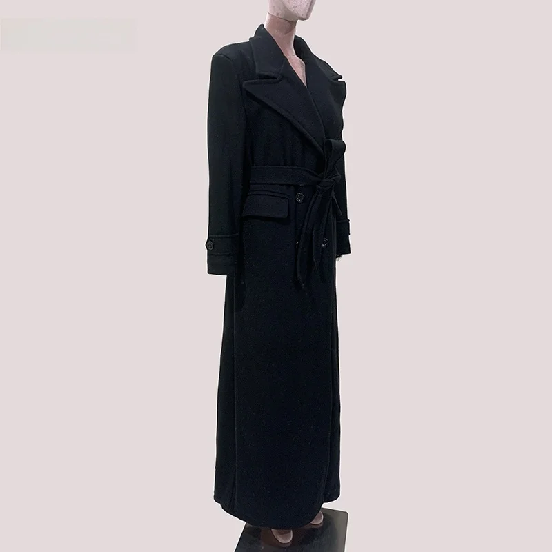 Nerazzurri Winter Korean Style Loose Shoulder Extended Length Black Woolen Coat Women's Fashion Outerwear Comfortable Polyest...