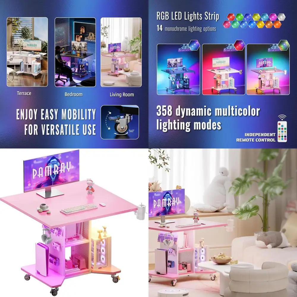 

Небольшой игровой стол на колесиках со светодиодной подсветкой, розетками и перфорированной доской для хранения вещей, компактным компьютерным столом для ПК небольшого пространства, розовый